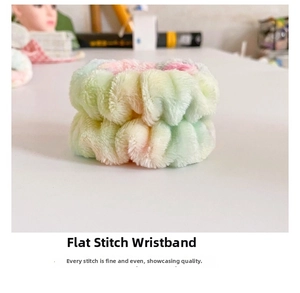 Close-up of rainbow gradient plush wristbands with soft texture and high elastic structure