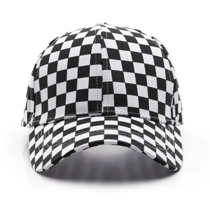 Classic black and white checkerboard pattern canvas baseball cap with a curved brim