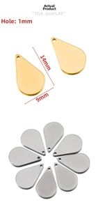 Detailed size specifications for stainless steel teardrop pendants in gold and silver