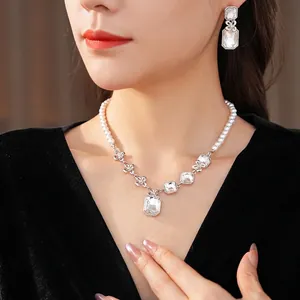 Elegant Square Rhinestone Necklace And Earrings With Faux Artificial Pearls And Silver Earring Post For Women Light Luxury