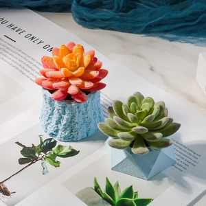 Macro detail van kunstmatige vetplanten in lichtblauwe zeshoekige geometrische stenen potten