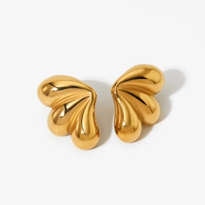 Minimalist golden stainless steel wing stud earrings with a polished geometric teardrop design