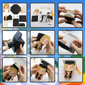 Step-by-step assembly guide for DIY graduation cap candy box with tassels and paper parts