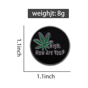 Detail view of round enamel pin showing size 1.1 inch and weight 8g for clothes