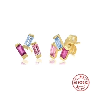 S925 sterling silver geometric earrings with colorful rectangular zircon stones in gold finish