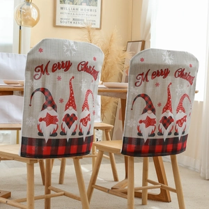 Christmas Chair Cover Faux Linen Gnomes Pattern Buffalo Plaid Dining Room Kitchen Party Home Decor Festive Nordic