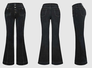 Three-way view of high waisted flared jeans with four-button closure and front patch pockets