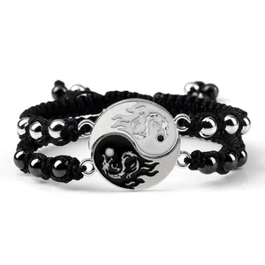 Matching Yin Yang Tai Chi dragon totem braided bracelets with magnetic charms for couples