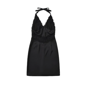 Elegantes schwarzes Satin-Neckholder-Kleid mit feiner Spitze und Bindedetail