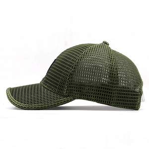 Close-up of army green mesh baseball cap featuring breathable hollow-out honeycomb fabric
