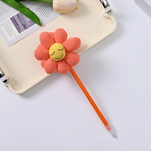 Creative orange ballpoint pen featuring a plush smiley sunflower top for students