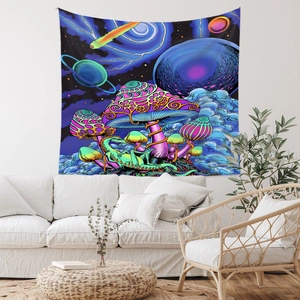 Detail of psychedelic mushroom tapestry with lizard in a modern living room setting