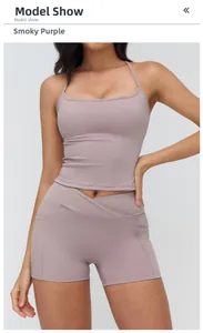 Close-up of women's smoky purple yoga set featuring a camisole top and high-waist shorts