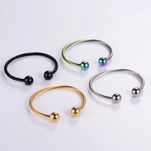 Adjustable wire cable open cuff bracelets with ball ends in gold silver black and rainbow