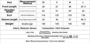 Detailed size chart and fabric specifications for pink satin v-neck blouse with measurements