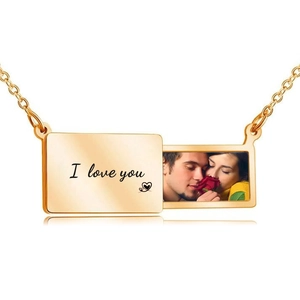 Custom gold rectangular slide locket necklace with I Love You engraving and photo slot