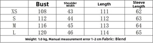 Detailed size chart for the long-sleeved reversible lapel coat with length measurements