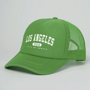 Detail of the fruit green trucker hat featuring Los Angeles USA vintage print and mesh back