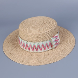 Women Boater Hat Raffia Straw Wide Brim Flat Top Summer Vacation Bohemian Zigzag Embroidery Band Sunshade Travel