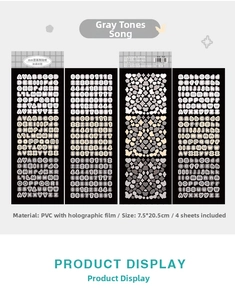 Detail view of 4-sheet laser film stickers with letters and numbers in muted grey tones