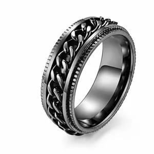 Detailed macro shot of a rotatable titanium steel chain ring in black and silver.