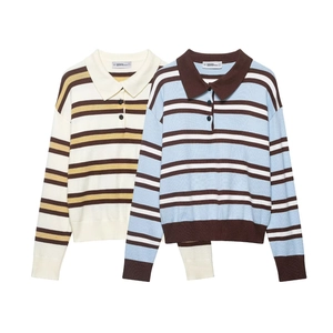 Fashionable striped knit polo shirts for women with classic collar and long sleeves