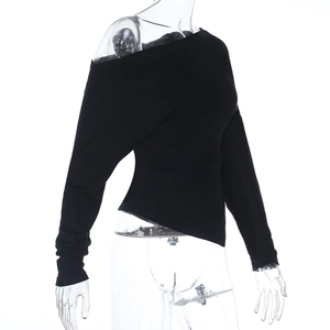 Detail of black off-the-shoulder long sleeve top with ribbed texture and slim fit design