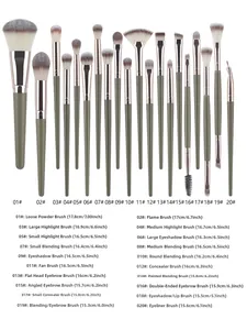 Detailed size chart for 20-piece makeup brush set with lengths from 15.3cm to 17.8cm