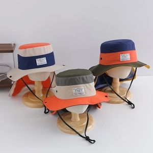Detail of outdoor sun hats with mesh ventilation, neck flap, and Enjoy Time patch