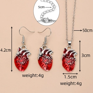 Gothic anatomical heart jewelry set with size dimensions for necklace and earrings