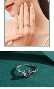 Detail view of S925 silver ring featuring a faceted round purple gemstone on green velvet