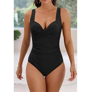 Elegant one-piece black swimsuit for women with a deep V-neck cross pleated design