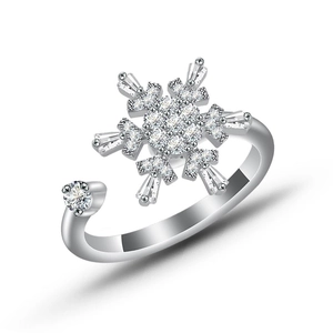 Detail of a rotating silver snowflake ring with sparkling zircon and adjustable band