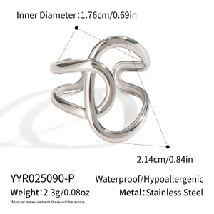 Macro shot of silver stainless steel knot ring with adjustable opening and mirror finish