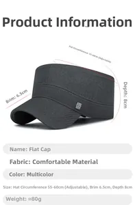 Detailed size guide for dark grey flat top cap with adjustable strap and 6.5cm brim