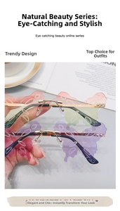 Detail of rimless butterfly sunglasses with gradient lenses and gold metal nose bridge
