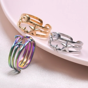 Minimalist stainless steel celestial star and moon open rings in gold, silver, and rainbow finish