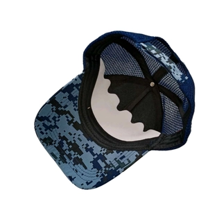 Detail of blue digital camo baseball cap showing inner mesh and white support pad