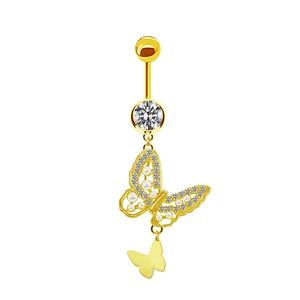 Detailed view of golden navel ring featuring double butterflies with pearls and rhinestones