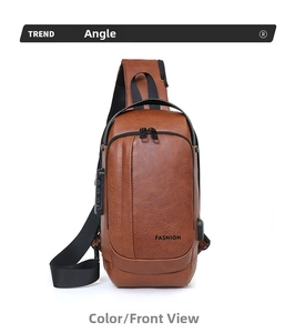 Detailed side view of brown crossbody bag with USB charging port and anti-theft combination lock