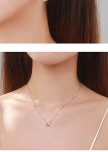 Detail of S925 sterling silver necklace with iridescent square pendant on a model