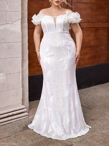 Elegant white off-shoulder mermaid dress with sequins and ruffled mesh sleeves