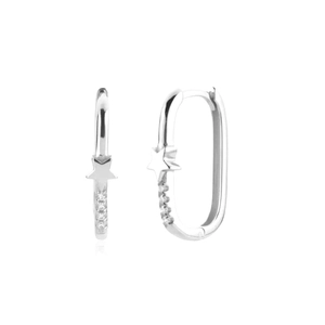 Detail view of rectangular silver hoop earrings with star motif and small zircon stones