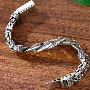 Bracelet rétro en argent pour hommes avec maillons dragon et charmes gravés de mantras