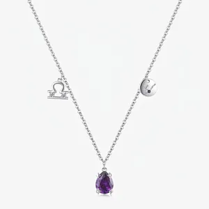 Libra Sternzeichen Halskette 925 Sterling Silber Lila Wassertropfen Zirkon Anhänger Eleganter Schmuck Für Damen
