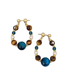 Vintage geometric tiger eye earrings with gold metal studs and colorful beads