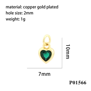 Gold-plated copper heart pendant with emerald zircon, 7x10mm jewelry accessory