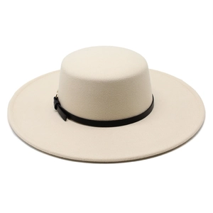 Classic beige wide-brim wool felt flat top boater hat with black leather decorative band