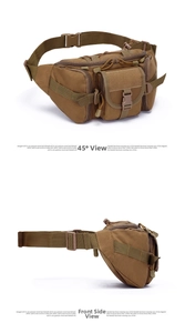 Detail view of khaki tactical waist bag featuring MOLLE webbing and durable nylon material