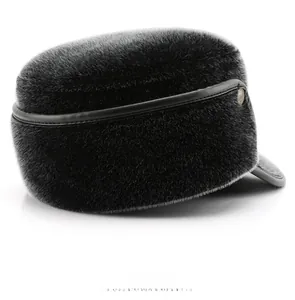 Detailed rear view of plush faux fur winter hat with black leather trim and gold buckle